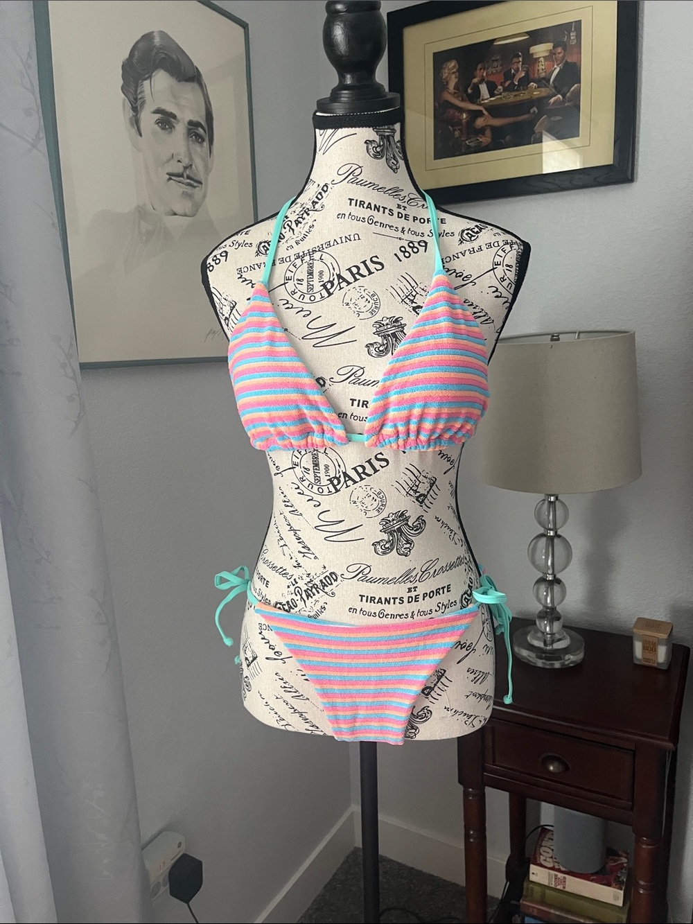 Striped Triangle Bikini Set in Pastel Pink & Blue